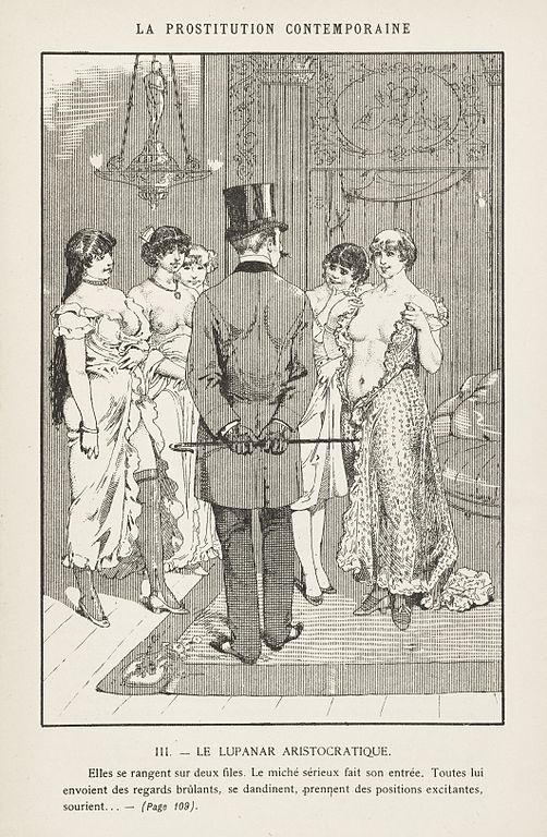 A well-dressed client inspects the prostitutes at a brothel.